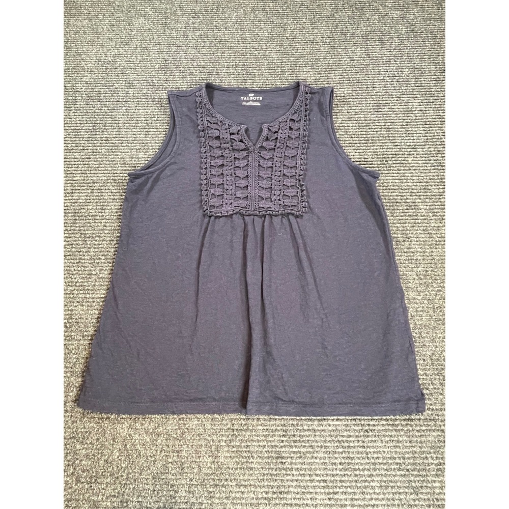 Talbots Womens Navy Blue Crochet Lace Bib Sleeveless Cotton Slub Top Size L